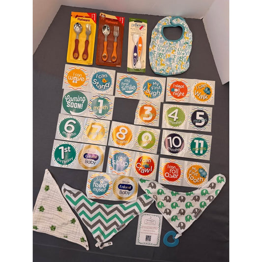 Baby Feeding Lot – Bibs, Spoons, Milestone Stickers & More #401 (2 pics!)