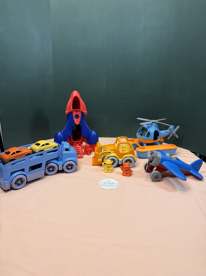 Green Toys Vehicle Play Set Lot | Rocket, Car Carrier, Airplane, Helicopter, Bulldozer & Figures #818