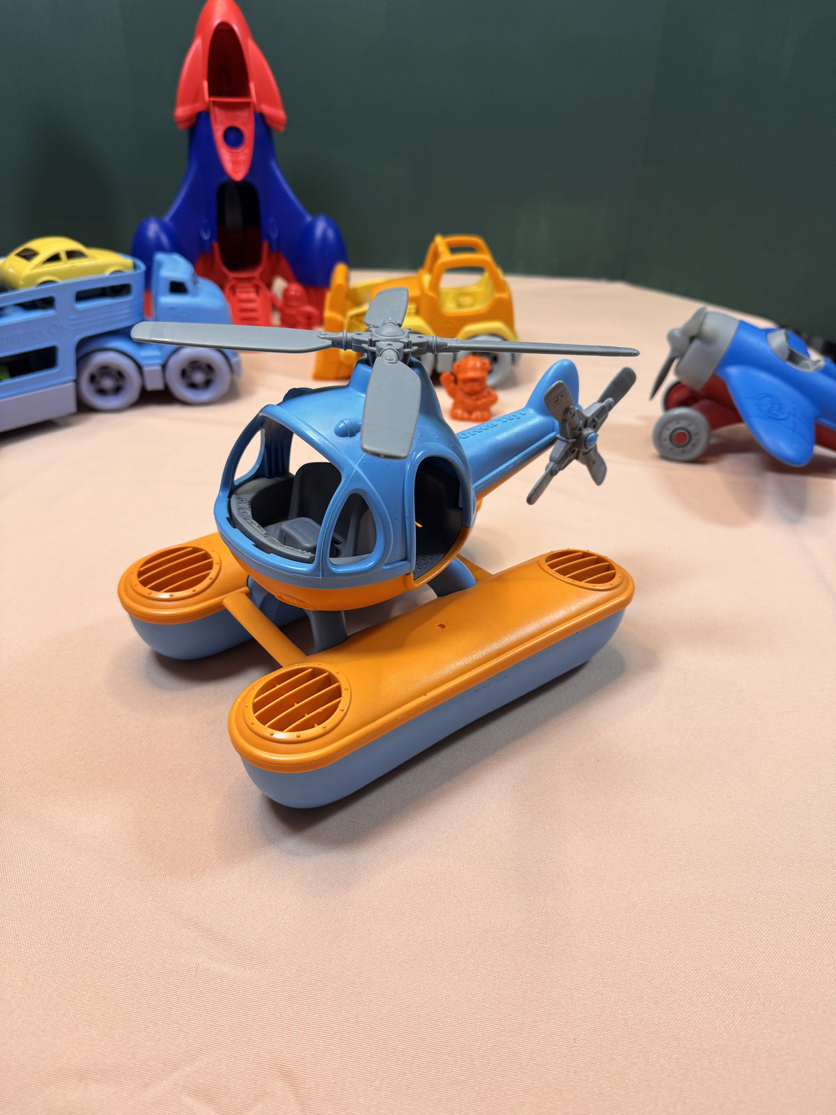 Green Toys Vehicle Play Set Lot | Rocket, Car Carrier, Airplane, Helicopter, Bulldozer & Figures #818