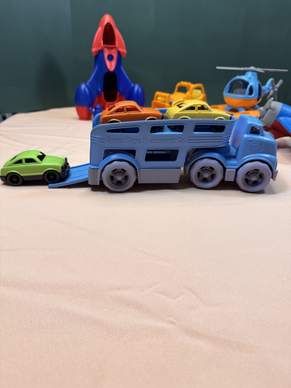 Green Toys Vehicle Play Set Lot | Rocket, Car Carrier, Airplane, Helicopter, Bulldozer & Figures #818