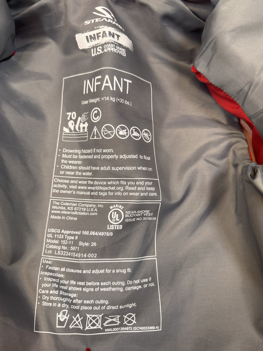 Stearns Infant Life Vest for Babies Under 30 lbs – USCG Approved Type II | Red or Blue | #854