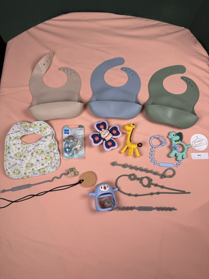 Baby Feeding & Teething Essentials Bundle – Silicone Bibs, MAM Pacifiers & Teethers | Lot #938