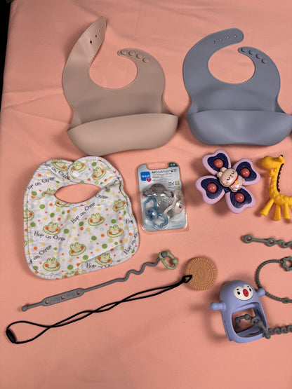 Baby Feeding & Teething Essentials Bundle – Silicone Bibs, MAM Pacifiers & Teethers | Lot #938