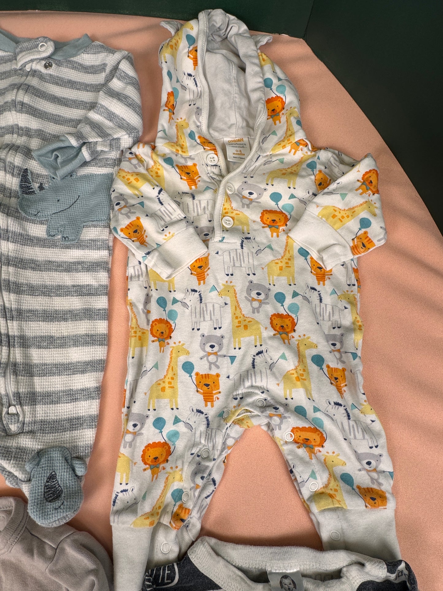 Baby Boy Newborn Sleepers Bundle 7 Pc Footed Pajamas Hooded Romper Lot Safari SKU #950