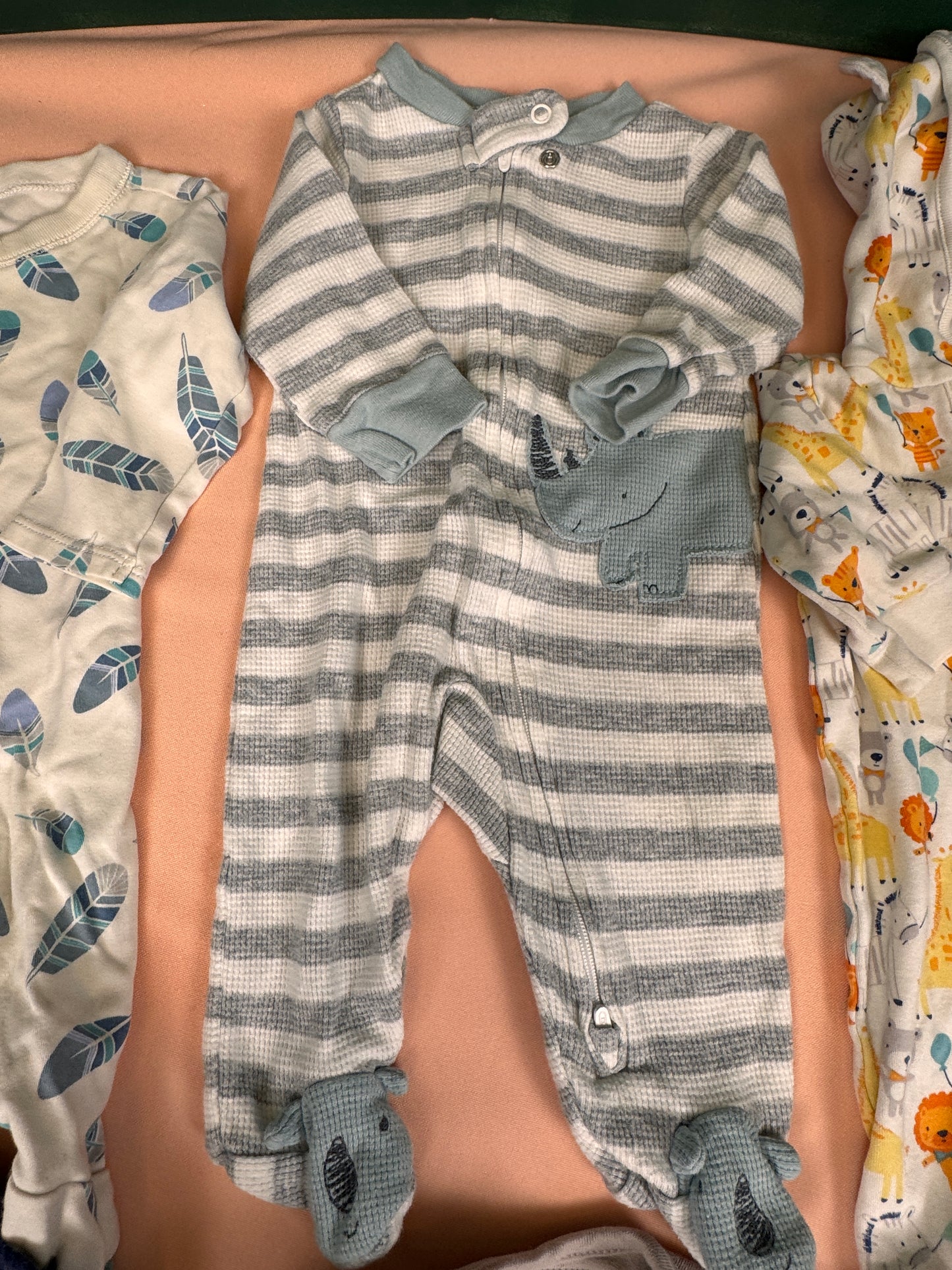 Baby Boy Newborn Sleepers Bundle 7 Pc Footed Pajamas Hooded Romper Lot Safari SKU #950