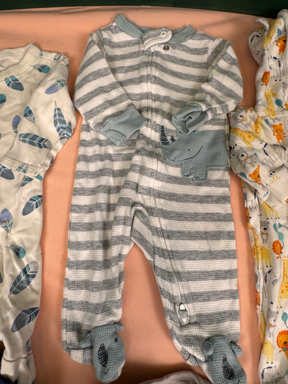 Baby Boy Newborn Sleepers Bundle 7 Pc Footed Pajamas Hooded Romper Lot Safari SKU #950