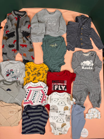 🍂 Baby Boy 0–3M Fall/Winter Clothing Lot – Carter’s, Roots, Disney & More – #179