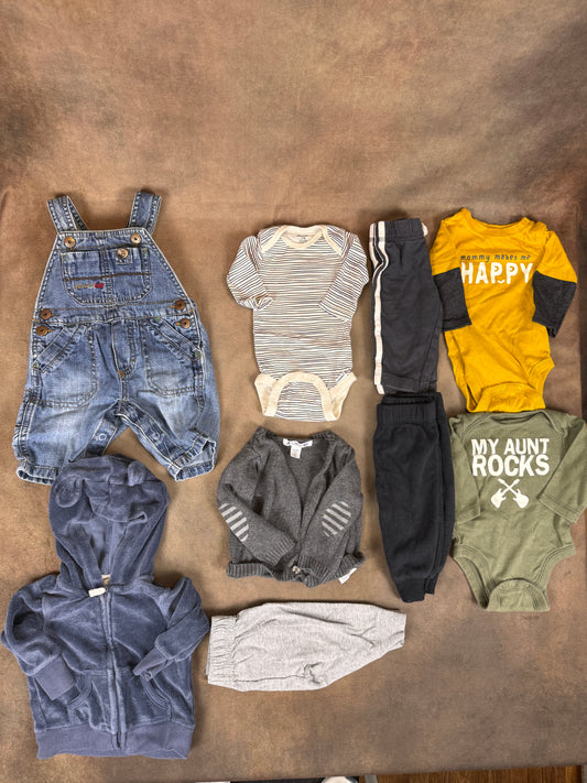 Baby Boy 0-3M Fall Winter Clothing Lot Carter’s Gerber Overalls Hoodie 9 Pc #1137