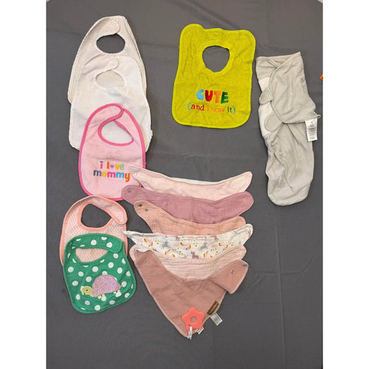 Baby Bib & Swaddle Lot | Girl/Unisex Drool Bibs, Bandana Bibs, Teether Bib & Velcro Swaddle #398